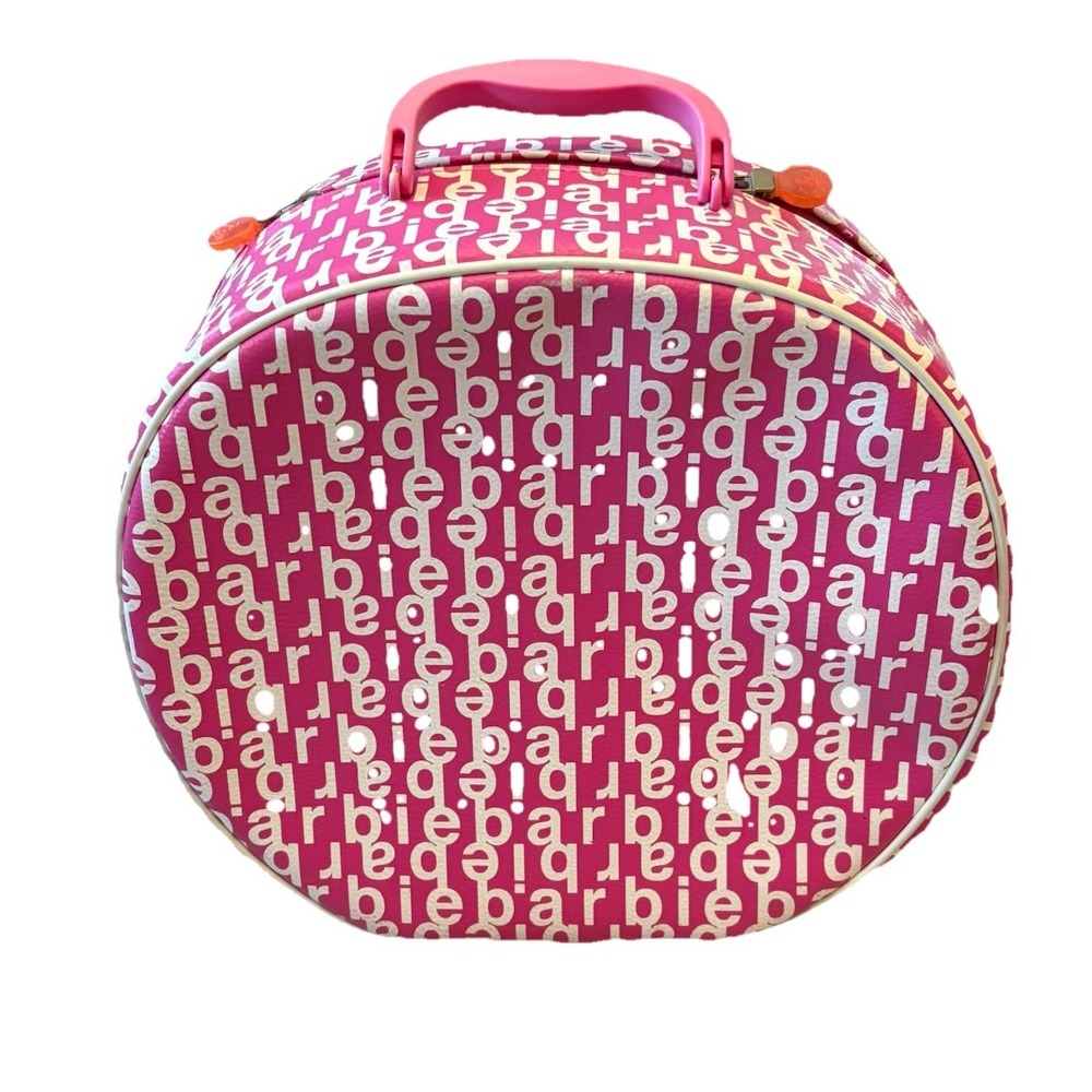 2003 Barbiecore  Hat Box Shaped Vintage  Case Pink Logo Round Zippered  w/Mirror